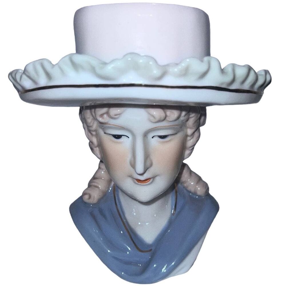 Lady Head Vase Planter - Blue & White Wide Brim Hat, 7” Tall, Mint Vintage